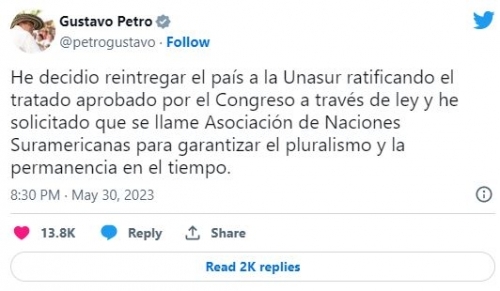 Presidente Gustavo Petro indicó que Colombia será nuevamente miembro de Unasur