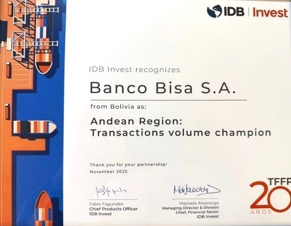 BISA recibe un reconocimiento de BID Invest por su liderazgo en comercio exterior