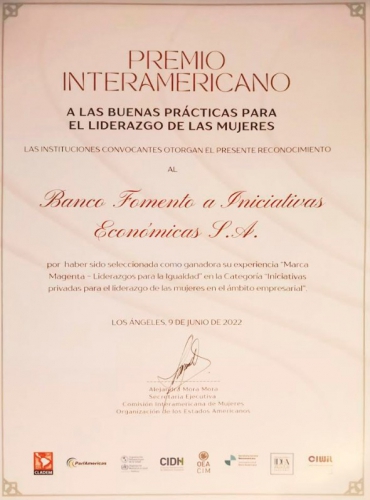 Banco FIE recibió el Premio Interamericano a las Buenas Prácticas para el Liderazgo de las Mujeres otorgado por la OEA